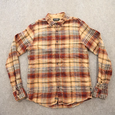 Camisa masculina Scotch Soda bege média linho vermelho botão manga longa xadrez - Imagem 1 de 4