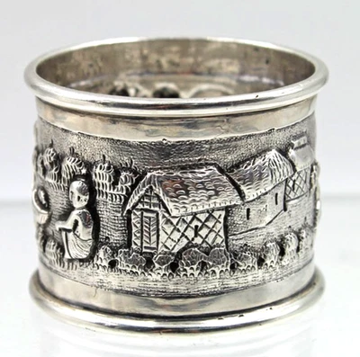 Anel de guardanapo antigo chinês exportação prata esterlina vila fazendeiro grama cabana - Imagem 1 de 4