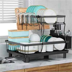 2 Tier Over The Sink Dish Drying Rack Stainless Steel Kitchen Dish Drainer Black - Picture 1 of 9