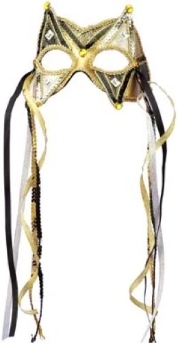 Mardi Gras Mask Gd/Blk/Slv Eye Mask W/ Sequin Ribbon & Jewels On A Headband - Image 1 of 1
