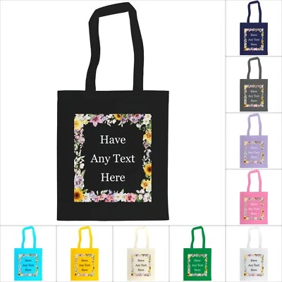 Personalised Any Text Tote Bag Watercolour Floral Border  Custom Cotton Gift - Image 1 of 3