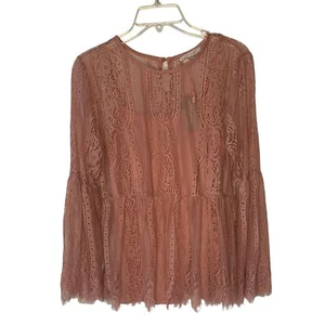 ULTRA Pink Solid Pink 100% Lace Peplum-Waist Lined Long Bell Sleeve Blouse NWT L - Picture 1 of 8