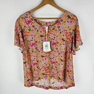 Elm Laura Blythman Top Womens 10 Coral Floral V Neck Short Sleeve Blouse NWT - Picture 1 of 8