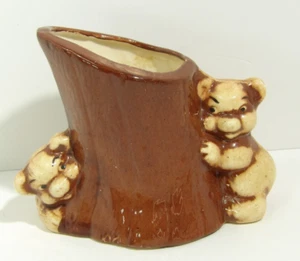 Vintage Ceramic Baby Bear Planter Vase on Tree Stump Woodland Decor - Picture 1 of 9