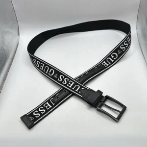 Guess Belt Black White Words Mens Size M 34 36 Faux Leather - Picture 1 of 11