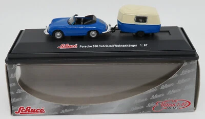 DIE CAST SCHUCO HO 1/87 PORSCHE 356 CABRIOLET + CARAVANE ERIBA IN BOX - Photo 1/4