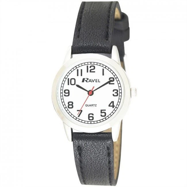 Ravel Ladies Easy Read Big Number Watch Clear White Face Minute Track Black Silv