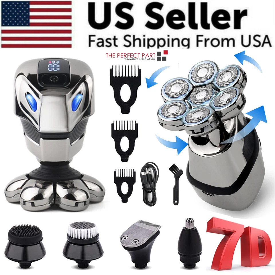 7D Cordless Shaver Hair Trimmer Men’s 5-In-1 Electric Head Shaver Razor Men Wet - Image 1 of 4