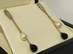 10ct Gold Diamond Onyx Pearl Earrings Yellow Gold Drop Earrings 10 Carat 10K - Picture 1 of 21