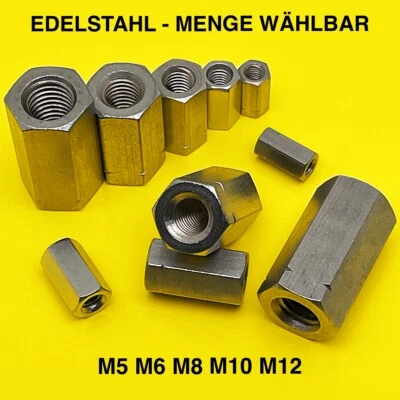 LANGMUTTERN DISTANZMUTTERN GEWINDEMUFFEN EDELSTAHL DIN 6334 MUTTERN HOCH M5-M12 - Bild 1 von 3