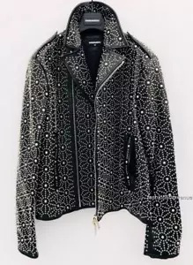 Dsquared2 Black Stud Embellished Leather Biker Jacket IT50 Dsquared New - Picture 1 of 5
