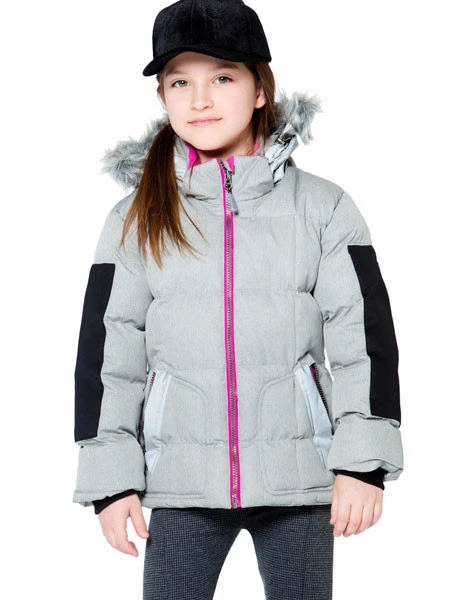 Deux Par Deux 全新带标签 Puffy 夹克灰色女孩 4-7 人造毛皮帽 — 第 1/4 张图片