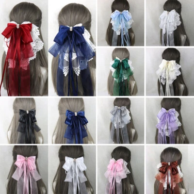 Lady Lolita Princess Long Ribbon Bow Lace Hairpin Hair Clip Accessory Birthday↟ - Image 1 of 4