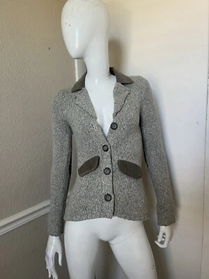 SPARROW ANTHROPOLOGIE Blue/Gray Wool Knit Buttoned Cardigan w/ Corduory Pockets - Image 1 of 4