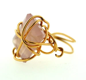 MODERN 14K YELLOW GOLD PINK QUARTZ STYLISH DESIGNER'S RING WOW COCKTAIL - Picture 1 of 1
