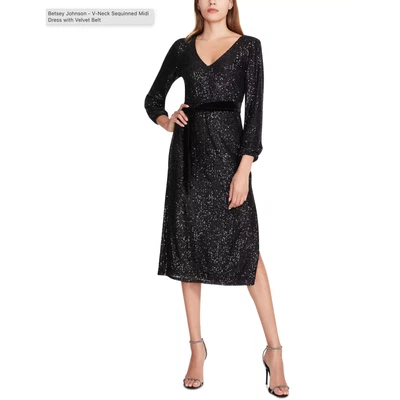 Betsey Johnson V-Neck Sequin Midi Dress Black Velvet Belt 3/4 Sleeve Sz XS - Image 1 of 4