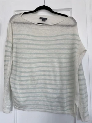 Suéter Vince para mujer de lino ligero a rayas talla mediana blanco/verde azulado Foto 1 de 4