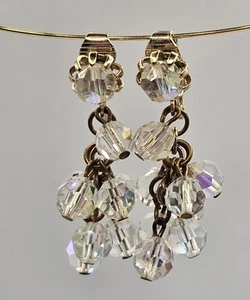 VTG Cha Cha Earrings Glass Aurora Borealis AB Crystal Dangle Beaded Cluster Clip - Bild 1 von 5
