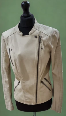 Chaqueta de motociclista forrada con cremallera de cuero sintético crema Onlava talla 10 del Reino Unido SOLO Foto 1 de 4