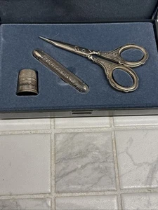 Antique German 925 Silver Guilloche Silver Scissors thimble & Holder - Picture 1 of 16