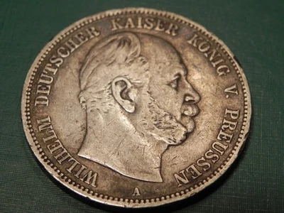 GERMAN 5 Mark 1876 A States PRUSSIA WILHELM I. 90% Silver EMPIRE WW1 NICE Coin  - Image 1 of 2