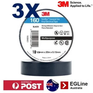 3 Rolls Black ELECTRICAL INSULATION TAPE 19mm x 20m (Brand: 3M Temflex) - Picture 1 of 5