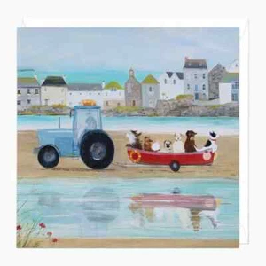 Whistlefish Beach Trip Art Card Cornwall Hannah Cole | Dogs Tractor Ride F047 - Picture 1 of 1