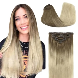 GOO GOO Clip in Hair Extensions Real Human Hair, Remy Balayage 20" - Picture 1 of 12
