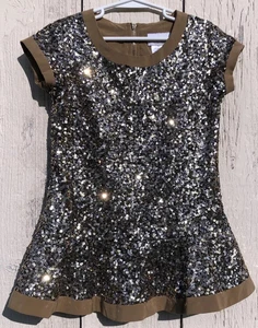 Beautiful American Girl Size Small 7/8 Gold Sequin Khaki Trim Short Dress - Picture 1 of 10