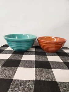 2 Vtg Bauer Ringware Mixing Bowls #18 Orange and #12 Turquoise - Picture 1 of 16
