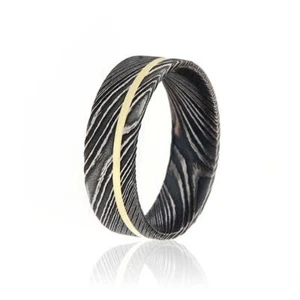 New 7mm Wide Damascus Ring with 14k Green Gold Inlay - Picture 1 of 5