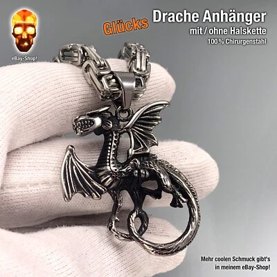 Drachen Glücksbringer Anhänger Halskette Herren Edelstahl Panzerkette Ring 5 - Bild 1 von 4