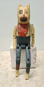Vintage HAND CARVED WOOD JOINTED SHELF SITTER STRIPED CAT Folk Art - Foto 1 di 10