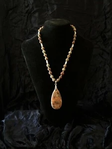 Unakit Jaspis Perlen Statement Halskette 18" mit 3" Anhänger 925 Knebelverschluss  - Bild 1 von 11