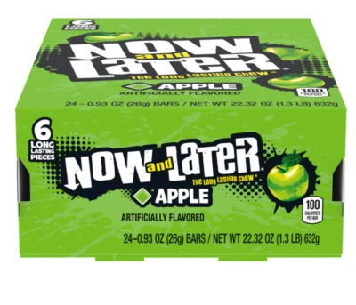 Now & Later Original Taffy Chews Candy, Apple, 0.93 Ounce Bar, Pack of 24