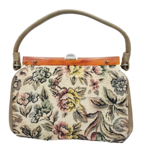 1940er Jahre Vintage Wandteppich Handtasche Geldbörse - Lucite Griff - Blumen - 10 x 8 - Blumen  - Bild 1 von 5
