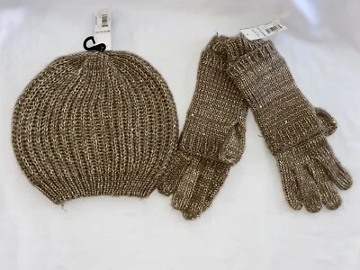 NWT Womens 2pc Fashion Beanie Hat Gloves Set Gold Brown Metallic Sequin Finish - Image 1 of 3