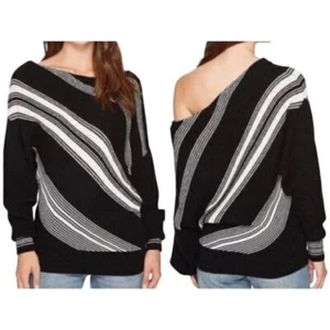 Free People Spectrum Black White Striped Pullover Sweater Off Shoulder Boho Sz L - Picture 1 of 8