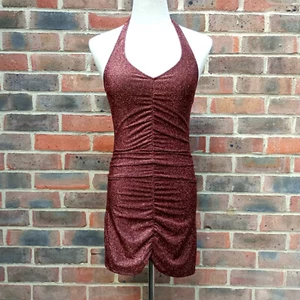 H&M Ruched Bronze Copper Sparkly Lurex Halterneck Bodycon Dress Xmas NYE XS / S - Picture 1 of 3