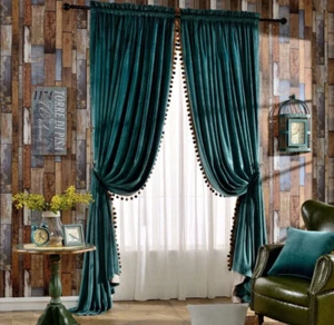 Melodieux Set of 2 Pom Pom Velvet Thermal Insulated Rod Pocket Curtains for B... - Picture 1 of 6