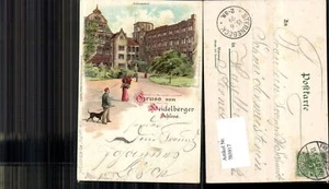 703917 Lithographie Gruss v. Heidelberger Schloss Heidelberg Hund Frau Schlossho - Bild 1 von 1
