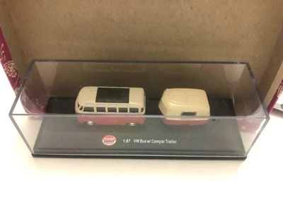 1:87 Scale Red & White Die Cast VW Bus w/ Camper Trailer In Case By Model Power - Image 1 of 4