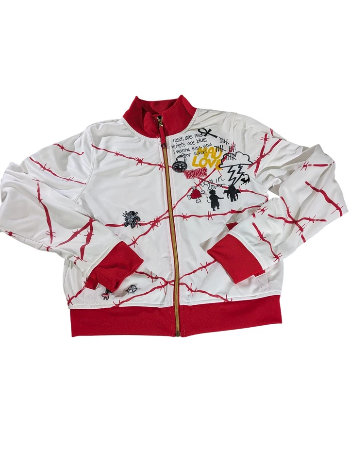 Chaqueta deportiva vintage Akademiks para niños grande blanca roja alambre de púas gráfico cremallera Foto 1 de 4