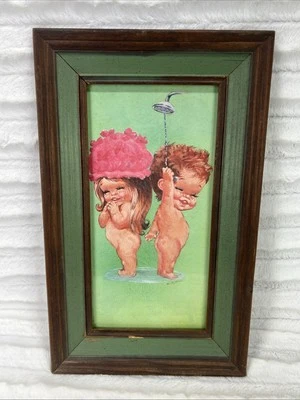 W. M. OTTO 1970s Kitsch BIG EYE Art Boy Girl NUDE CUTIES em QUADRO 15,5 X 9,5” - Imagem 1 de 4