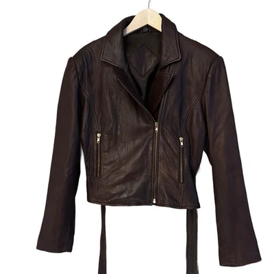 DE COLECCIÓN 🔥 Chaqueta Moto Corta Marrón 100% Cuero con Cremallera/Cinturón Frontal Med Foto 1 de 4