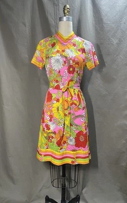 Vestido recto vintage años 60’s 70’s mod neón floral psicodélico línea A talla XS-S Foto 1 de 4