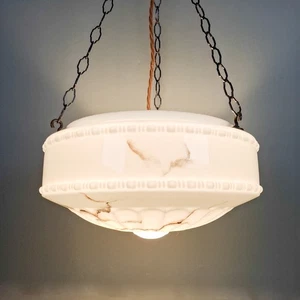 Vintage Art Deco light shade white glass marbled bowl hanging ceiling pendant - Picture 1 of 14