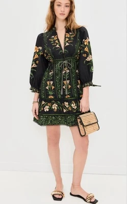 FARM RIO Small Flowers Arch Black Floral Mini Dress Linen Blend Boho Peasant NEW - Image 1 of 4