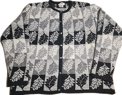 Cárdigan suéter grande 100 % lana Talbots para mujer gris blanco negro bloque preppy Foto 1 de 4