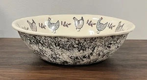 10" Handmade Stoneware Pottery Chicken Serving Bowl Underglaze Transfer Vintage - Picture 1 of 12